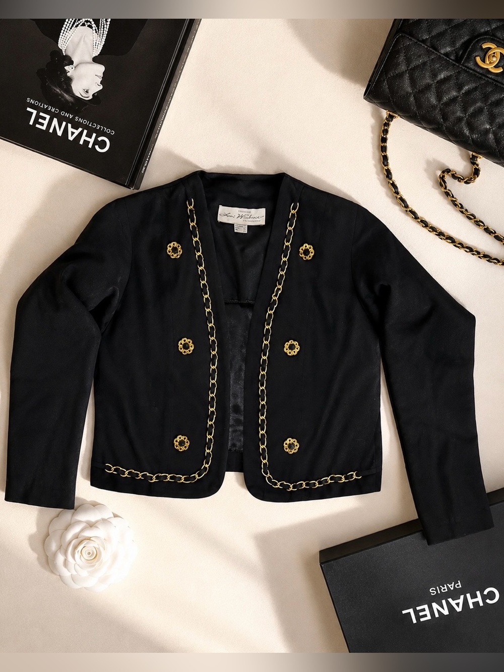 Vintage 80’s/90’s Black Cropped Blazer with Gold Chain Trim
